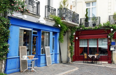 Ville de Chinon, façade bleue et bordeaux, restaurants, ruelle pavée du centre historique, département d'Indre et Loire, France