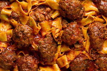 rustic italian meatball pappardelle pasta food background