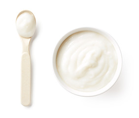 Fototapeta na wymiar Bowl of baby porridge isolated on white, from above