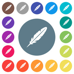 Single feather flat white icons on round color backgrounds