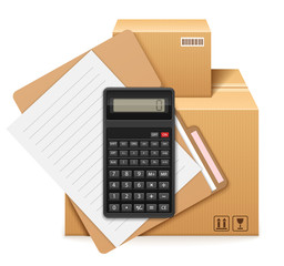 Two cardboard boxes, folder, form and calculator. Shipping and storage of parcels. Accounting calculations, filling accompanying documents. Isolated on white background. EPS10 vector illustration.