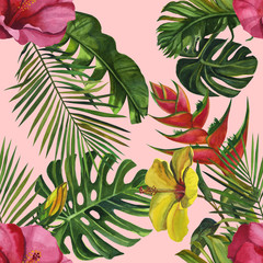 Watercolor tropical wildlife seamless pattern. Hand Drawn jungle nature, lemur, hibiscus flowers illustration