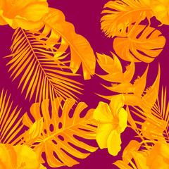 Fototapeta na wymiar Watercolor tropical wildlife seamless pattern. Hand Drawn jungle nature, lemur, hibiscus flowers illustration