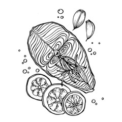 Hand drawn vector sketch of fresh salmon steak with garlic, rosemary, lemon and spice isolated on a white. Healthy seafood. Trout fillet.