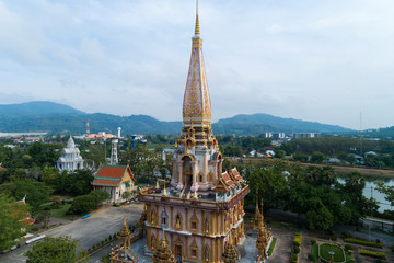 Fototapeta na wymiar Aerial view drone shot of wat chalong temple or Wat Chaithararam in phuket thailand.
