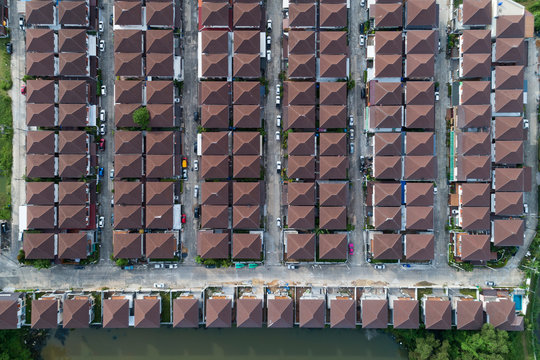 Aerial view of modern houses village top view image from drone.