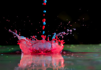 Bursts and splashes from falling paints of different colors