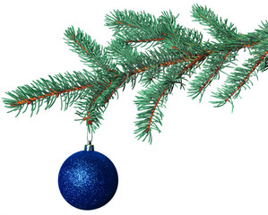 Obraz na płótnie Canvas christmas ball on fir branch isolated on white background