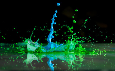 Bursts and splashes from falling paints of different colors