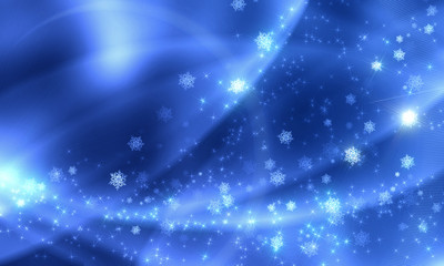 Festive christmas blue background with bokeh, glow, lights, snowflakes