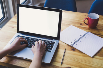 Woman's hands using laptop with blank screen on desk in home interior.