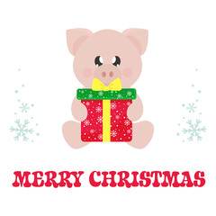 winter cartoon pig sitting with christmas gift and christmas text