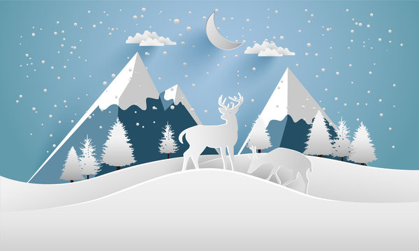 deer in the forest in the winter. paper art design