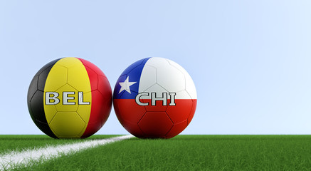 Belgium vs. Chile Soccer Match - Soccer balls in Belgium and Chile national colors on a soccer field. Copy space on the right side - 3D Rendering 