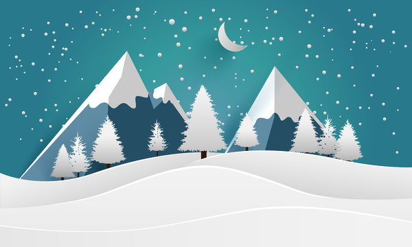 winter landscape and views of pine trees. paper art design