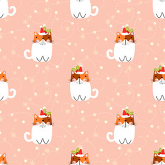 Cute calico cat in Santa hat seamless pattern.