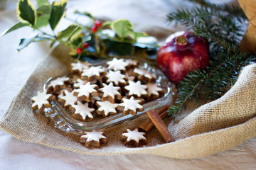 Typcial traditional German cinnamon stars biscuits for the Christmas holidays called 
