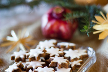 Typcial traditional German cinnamon stars biscuits for the Christmas holidays called 