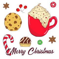 Hand drawn christmas set. Set of Christmas and New Year elements. Vector illustration.