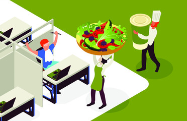 Food delivery to office - modern cartoon people characters illustration. Healthy eating in business lunch. Isometric flat design