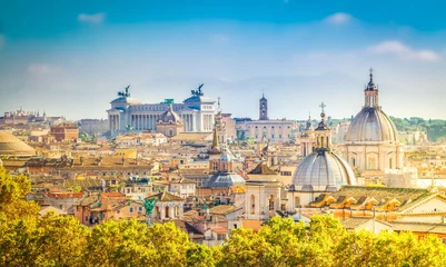 Papier Peint photo Lavable Rome vue sur les toits de la ville de Rome à jour, Italie, aux tons rétro