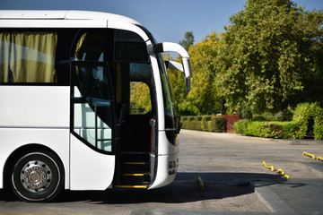tourist bus with open door on bus station