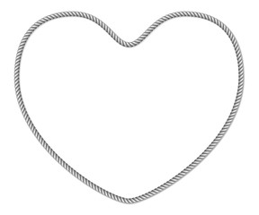 Gray white rope, heart shaped border, vector frame isolated on white background
