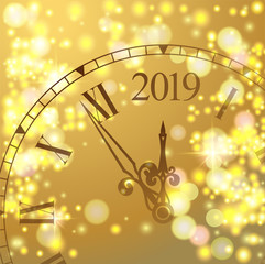 Obraz na płótnie Canvas Golden shiny bokeh New Year 2019 luxury premium light template with golden poster with clock and lights. Vector background. 2019 lettering. Happy New Year card design. Vector illustration EPS 10 file