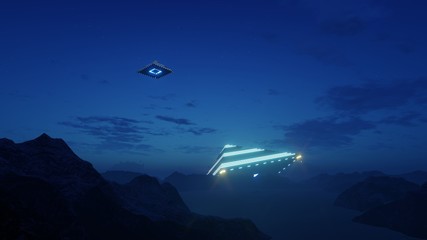 Fototapeta na wymiar 3d render UFO in the shape of a pyramid over the sea and mountains