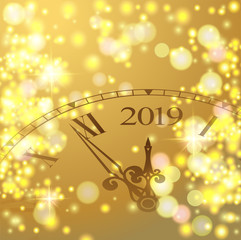 Obraz na płótnie Canvas Golden shiny bokeh New Year 2019 luxury premium light template with golden poster with clock and lights. Vector background. 2019 lettering. Happy New Year card design. Vector illustration EPS 10 file