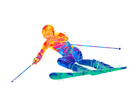 Abstract skiing. Descent giant slalom skier from splash of watercolors. Winter sports