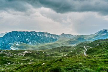 The road along the alpine meadows. High mountains.