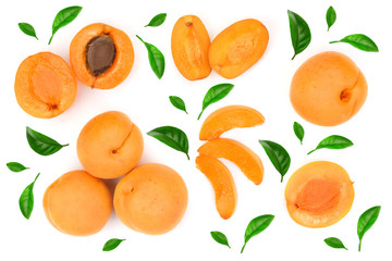 Apricot fruits isolated on white background. Top view. Flat lay pattern