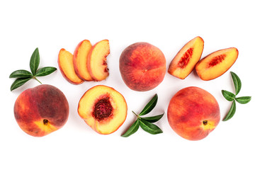 ripe peaches with leaves isolated on white background with copy space for your text. Top view. Flat lay pattern