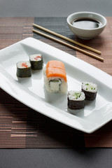 Traditional japanese seafood, roll and chopstick. Soy souce.