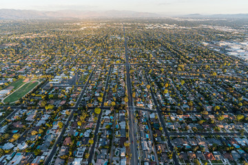 Aerial view of homes and streets along Lassen St in the Northridge neighborhood of Los Angeles,...