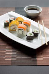 Traditional japanese seafood, roll and chopstick are lying on a white plate. Soy souce.