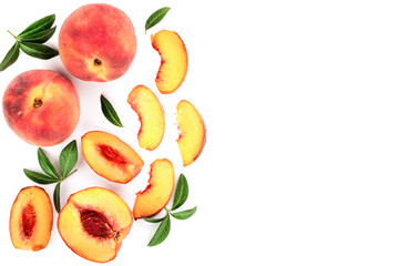 ripe peaches with leaves isolated on white background with copy space for your text. Top view. Flat lay pattern
