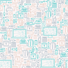 Seamless pattern with old appliances. E-waste elements. Line style vector illustration. Suitable for wallpaper or wrapping