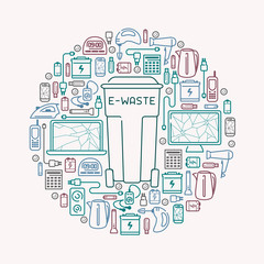 E-waste card with old appliances and dumpster. E-waste icons set. Line style vector illustration