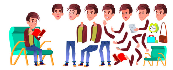 Boy Schoolboy Kid Vector. High School Child. Animation Creation Set. Face Emotions, Gestures. Schoolchild. September, Schoolchildren, Teen. For Banner, Flyer, Brochure Design. Animated. Illustration