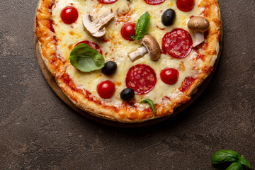 Pizza with pepperoni top view