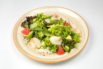 Squid salad and fresh vegetables on a plate on white background