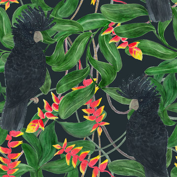 Watercolor painting seamless pattern with beautiful tropical flowers and black  cockatoo