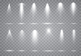 Scene illumination collection, transparent effects. Bright lighting with spotlights.