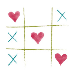 Valentine colorful and pink heart on tic tac toe game,water color painting picture.