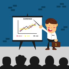 flat brown hair professional businessman pointing presentation board in front of audience