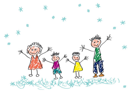 Vector drawing made by a child, happy family in winter, on holiday under a snowfall.