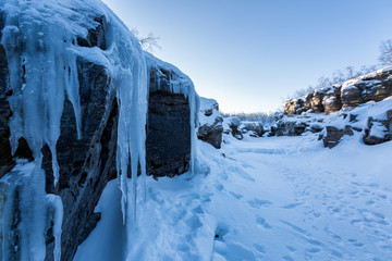 Blue ice in winter canyon, Abisko National Park, Abisko, Sweden