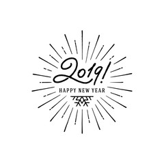 2019 Happy New Year Starburst Black White. Vector illustration.